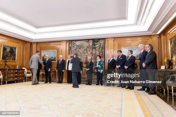 King Felipe VI of Spain receives the representatives of the 'Comite Ejecutivo del Homenaje Universal al Idioma Espanol' at Zarzuela Palace on March...