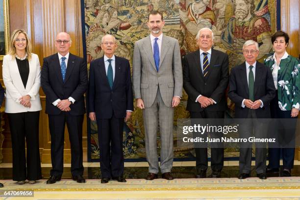 King Felipe VI of Spain receives the representatives of the 'Comite Ejecutivo del Homenaje Universal al Idioma Espanol' at Zarzuela Palace on March...