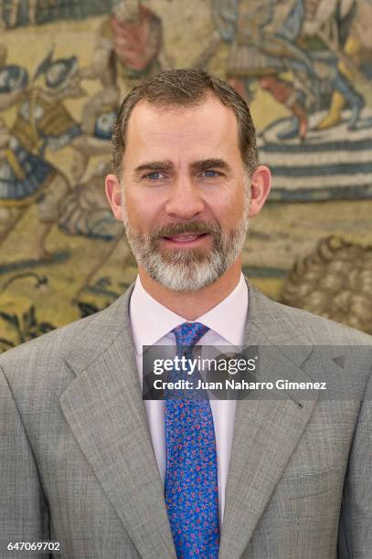 King Felipe VI of Spain receives the representatives of the 'Comite Ejecutivo del Homenaje Universal al Idioma Espanol' at Zarzuela Palace on March...