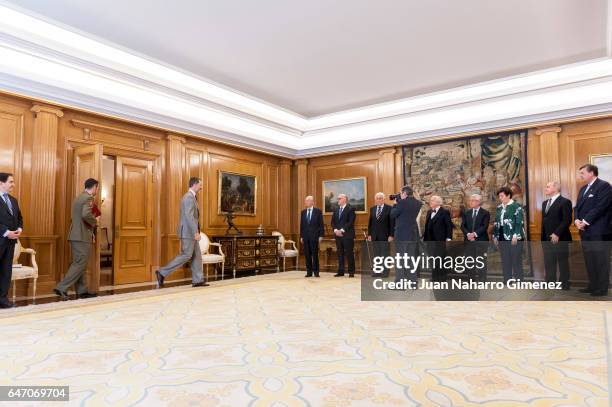 King Felipe VI of Spain receives the representatives of the 'Comite Ejecutivo del Homenaje Universal al Idioma Espanol' at Zarzuela Palace on March...