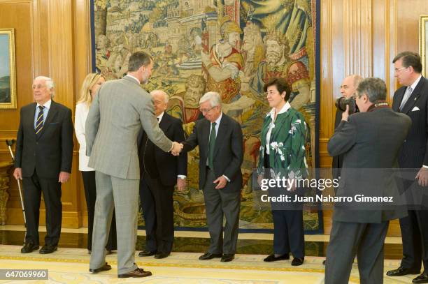 King Felipe VI of Spain receives the representatives of the 'Comite Ejecutivo del Homenaje Universal al Idioma Espanol' at Zarzuela Palace on March...