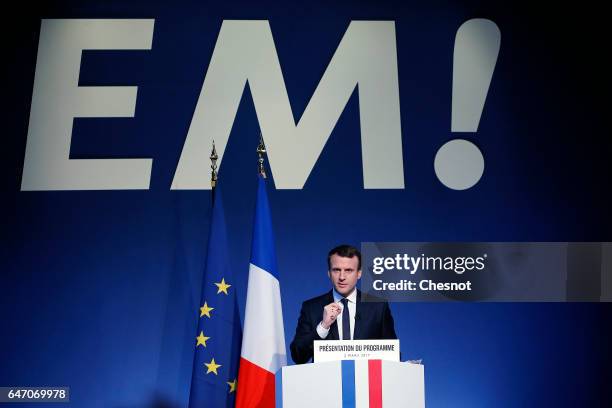 Head of the political movement "En Marche !", , Emmanuel Macron delivers a speech to unveil his program during a press conference on March 2, 2017 in...