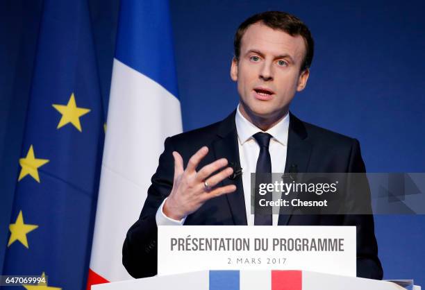 Head of the political movement "En Marche !", , Emmanuel Macron delivers a speech to unveil his program during a press conference on March 2, 2017 in...