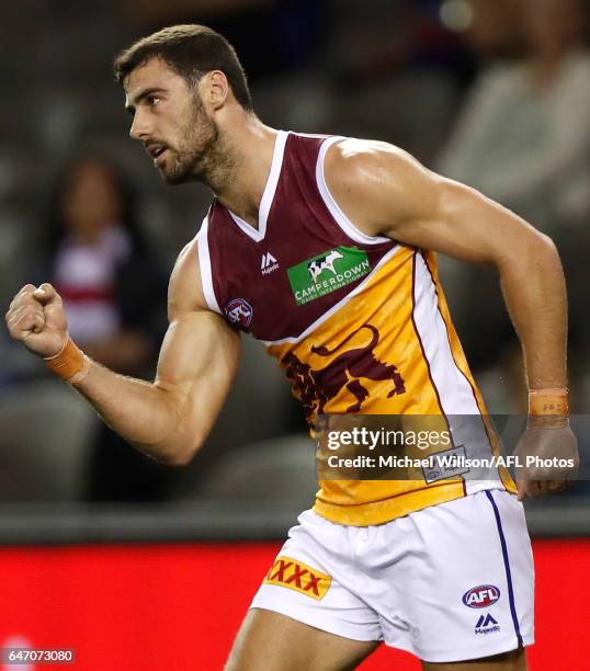 Michael Close of the Lions celebrates a goal during the AFL 2017 JLT Community Series match between the Western Bulldogs and the Brisbane Lions at...