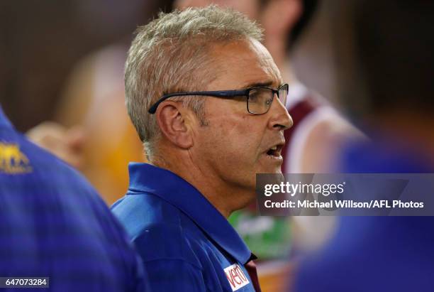 Chris Fagan, Senior Coach of the Lions addresses his players during the AFL 2017 JLT Community Series match between the Western Bulldogs and the...