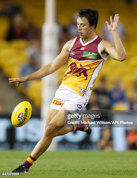 Hugh McCluggage of the Lions kicks the ball during the AFL 2017 JLT Community Series match between the Western Bulldogs and the Brisbane Lions at...