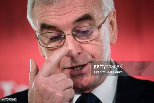 Shadow Chancellor of the Exchequer, John McDonnell, delivers a speech on the economy ahead of next week's budget, on March 2, 2017 in London,...