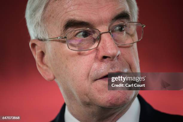 Shadow Chancellor of the Exchequer, John McDonnell, delivers a speech on the economy ahead of next week's budget, on March 2, 2017 in London,...