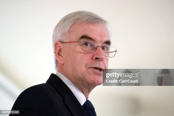 Shadow Chancellor of the Exchequer, John McDonnell, delivers a speech on the economy ahead of next week's budget, on March 2, 2017 in London,...