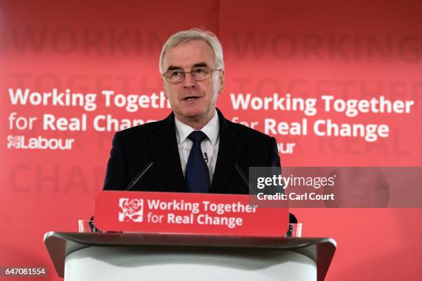 Shadow Chancellor of the Exchequer, John McDonnell, delivers a speech on the economy ahead of next week's budget, on March 2, 2017 in London,...