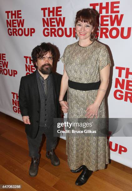 Peter Dinklage and wife Playwright/Director Erica Schmidt pose at the Opening Night for The New Group's new play "All the Fine Boys" at Green Fig...