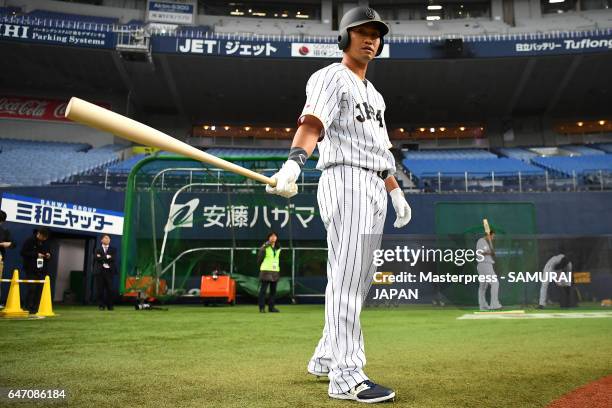 Norichika Aoki of Japan is seen during a training session at Kyocera Dome Osaka on March 2, 2017 in Osaka, Japan.