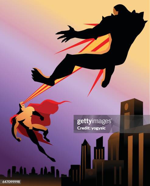 superhero fighting monster retro silhouette - villain stock illustrations
