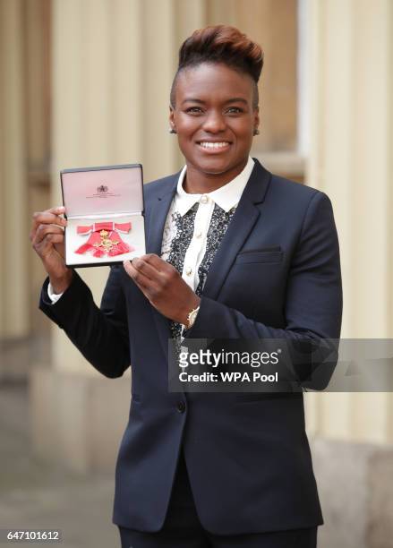 Olympic boxing champion Nicola Adams at Buckingham Palace in London after receiving her OBE from the Duke of Cambridge. On March 2, 2017 in London,...