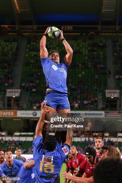 Kane Koteka of the Force wins a line out during the round two Super Rugby match between the Western Force and the Reds at nib Stadium on March 2,...