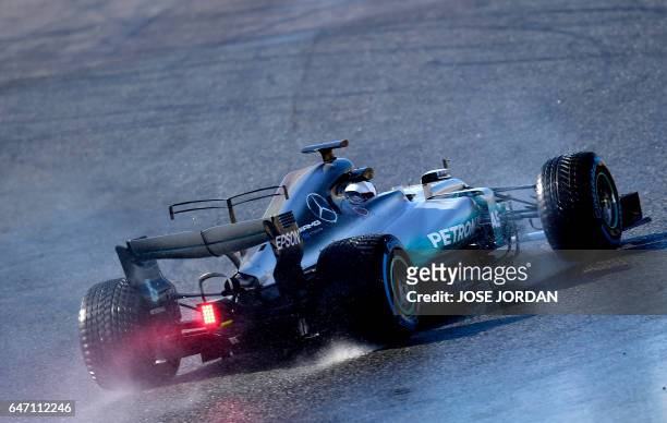 Mercedes AMG Petronas F1 Team's Finnish driver Valtteri Bottas drives at the Circuit de Catalunya on March 2, 2017 in Montmelo, on the outskirts of...