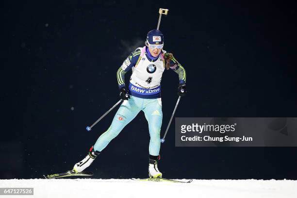 Yuliia Dzhima of Ukraine competes during the Woman 7.5km Sprint during the BMW IBU World Cup Biathlon 2017 - test event for PyeongChang 2018 Winter...