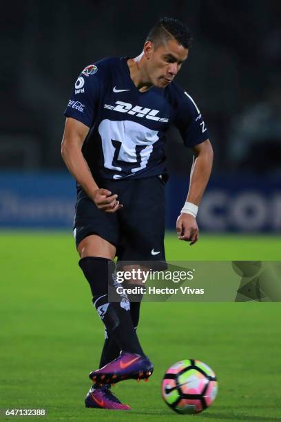 Pablo Barrera of Pumas drives the ball during the quarterfinals second leg match between Pumas UNAM and Tigres UANL as part of the CONCACAF Champions...