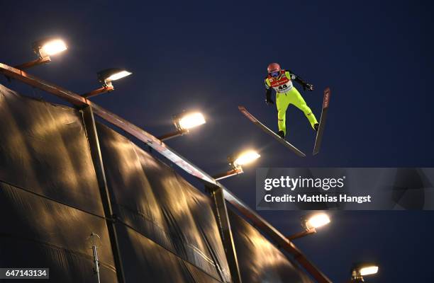 Manuel Fettner of Austria competes during the Men's Ski Jumping HS130 at the FIS Nordic World Ski Championships on March 2, 2017 in Lahti, Finland.