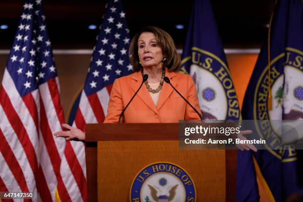 House Minority Leader Nancy Pelosi holds her weekly press briefing on Capitol Hill March 2, 2017 in Washington, DC. Pelosi called for the resignation...