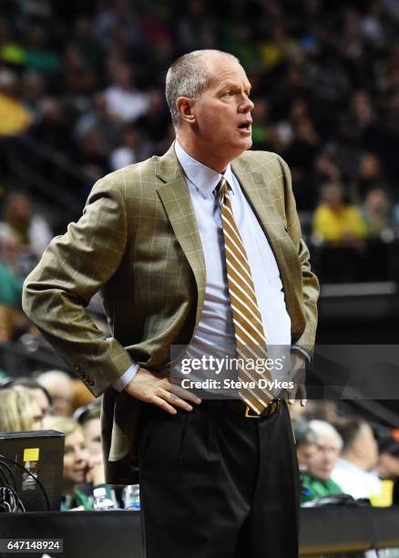 Head coach Tad Boyle of the Colorado Buffaloes looks on from the sidelines in the first half of the game against the Oregon Ducks at Matthew Knight...
