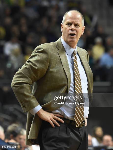 Head coach Tad Boyle of the Colorado Buffaloes reacts to a call in the second half of the game against the Oregon Ducks at Matthew Knight Arena on...