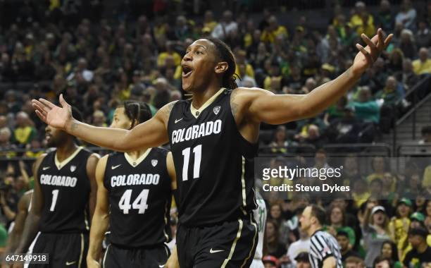 Xavier Johnson of the Colorado Buffaloes reacts to a call in the first half of the game against the Oregon Ducks at Matthew Knight Arena on February...