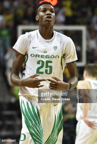 Chris Boucher of the Oregon Ducks reacts after hitting a shot in the second half of the game against the Colorado Buffaloes at Matthew Knight Arena...