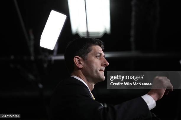 Speaker of the House Paul Ryan answers questions at the U.S. Capitol during a press conference March 2, 2017 in Washington, DC. Ryan said U.S....