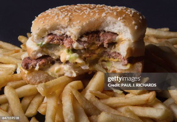 Photo of a partially eaten McDonalds' Big Mac hamburger atop French Fries, November 2, 2010. AFP Photo/Paul J. Richards