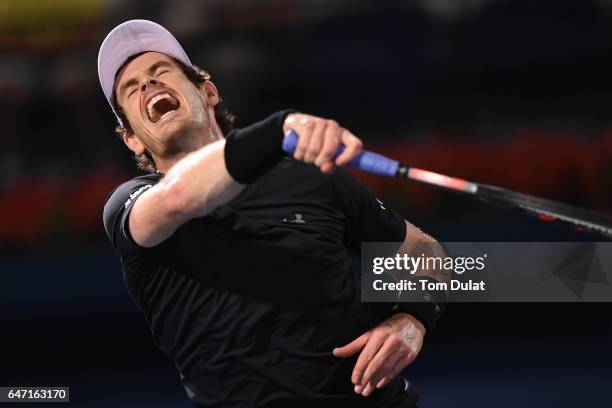 Andy Murray of Great Britain reacts during his quarter final match against Philipp Kohlschreiber of Germany on day five of the ATP Dubai Duty Free...