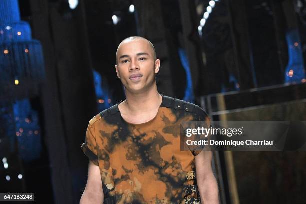 Designer Olivier Rousteing walks the runway during the Balmain show as part of the Paris Fashion Week Womenswear Fall/Winter 2017/2018 on March 2,...
