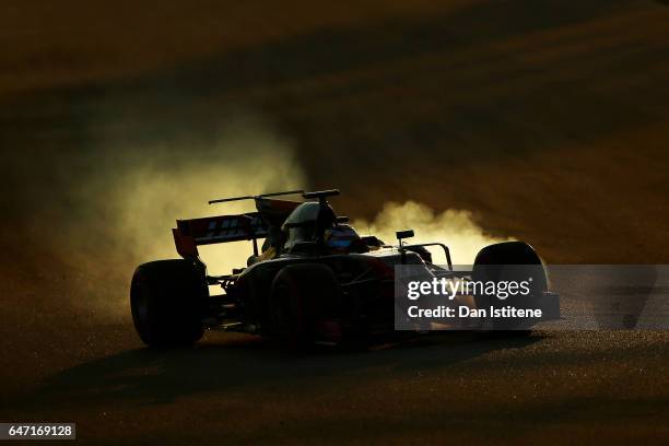 Romain Grosjean of France driving the Haas F1 Team Haas-Ferrari VF-17 Ferrari on track during day four of Formula One winter testing at Circuit de...