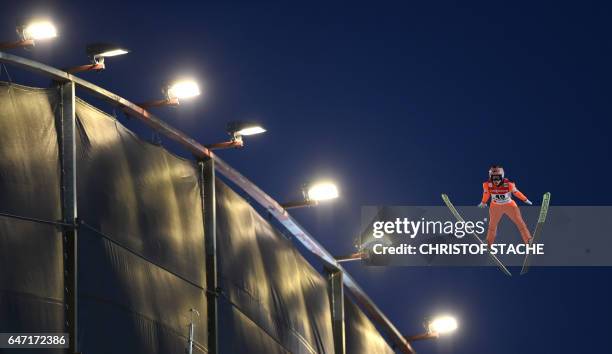 Austrian Stefan Kraft soars during the trial jump prior to men large hill individual ski jumping competition of the FIS Nordic Ski World...