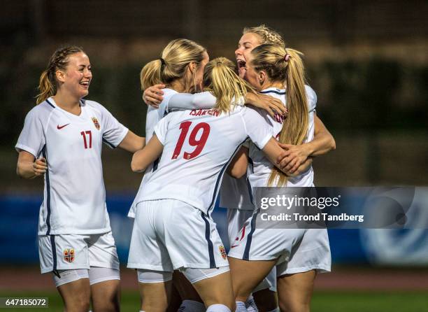 Andrine Hegerberg, Kristine Minde, Ingvild Isaksen, Lisa Marie Utland, Ada Hegerberg of Norway during the Women's International Friendly match...