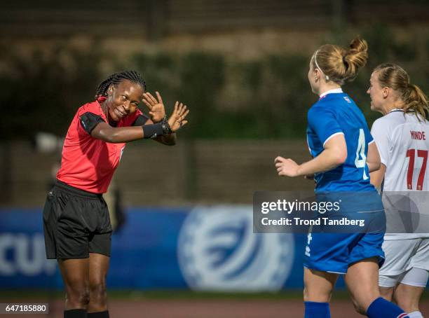 Kristine Minde of Norway, Referee Kabakama Jonesia of Tanzania during the Women's International Friendly match between Norway and Iceland at Estadio...