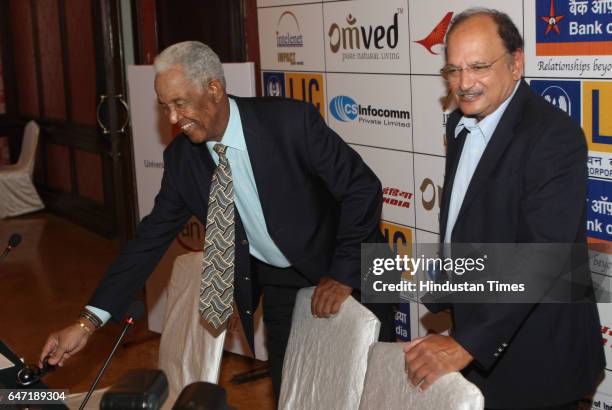 Former West Indiancricket player Sir Garry Sobers and former India captain Ajit Wadekar at a press conference at MCA Recreational Centre,...