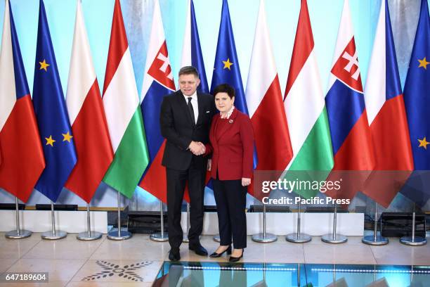 Poland PM Beata Szydo and Slovakian PM Robert Fico during the official meeting of the Visegrad Group under the Presidency of Beata Szydlo.