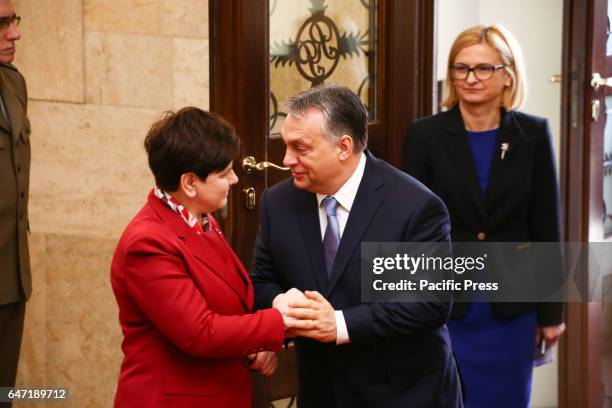 Prime Minster of Hungary Viktor Orban, welcomed by Beata Szydo as he arrived in Warsaw for the official meeting of the Visegrad Group under the...