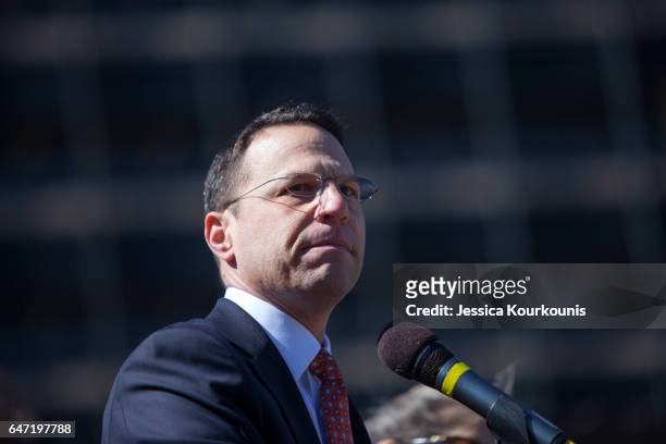 Pennsylvania Attorney General Josh Shapiro at a Stand Against Hate rally at Independence Mall on March 2, 2017 in Philadelphia, Pennsylvania. The...