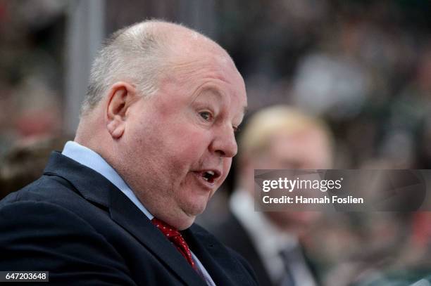 Head coach Bruce Boudreau of the Minnesota Wild looks on during the second period of the game against the Los Angeles Kings on February 27, 2017 at...