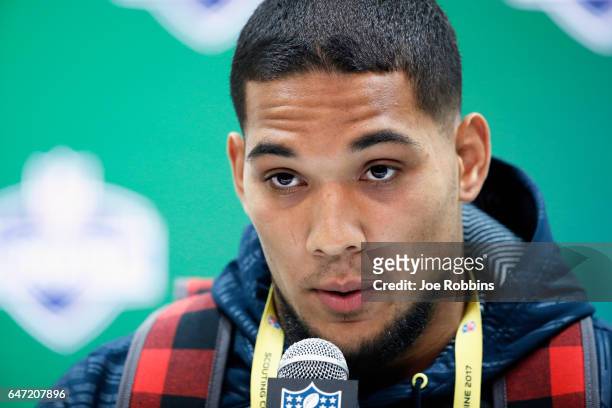Running back James Conner of Pittsburgh answers questions from the media on Day 2 of the NFL Combine at the Indiana Convention Center on March 2,...