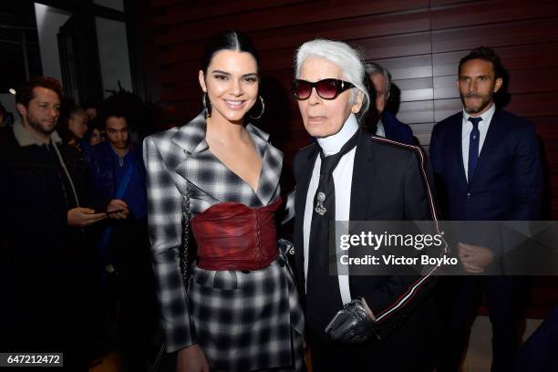 Kendall Jenner and Karl Lagerfeld attend the Cocktail Reception For The LVMH PRIZE 2017 on March 2, 2017 in Paris, France.