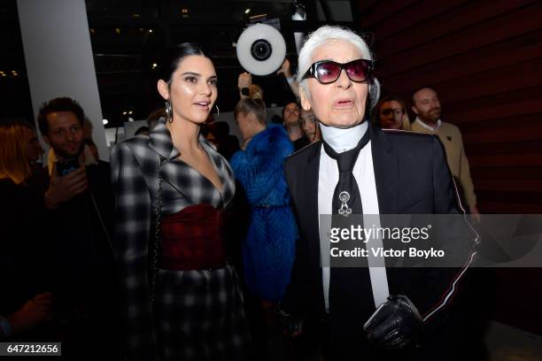 Kendall Jenner and Karl Lagerfeld attend the Cocktail Reception For The LVMH PRIZE 2017 on March 2, 2017 in Paris, France.