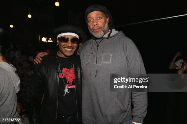 Kangol Kid and Kool Herc attend Hip-Hop photographer and documentarian Ernie Paniccioli 70th Birthday Celebration at Littlefield on March 1, 2017 in...