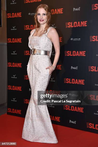 Jessica Chastain attends the "Miss Sloane" Paris Premiere at Cinema UGC Normandie on March 2, 2017 in Paris, France.