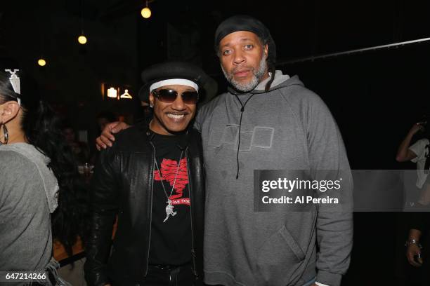 Kangol Kid and Kool Herc attend Hip-Hop photographer and documentarian Ernie Paniccioli 70th Birthday Celebration at Littlefield on March 1, 2017 in...