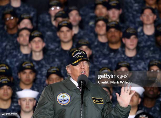 President Donald Trump speaks to members of the U.S. Navy and shipyard workers on board the USS Gerald R. Ford CVN 78 that is being built at Newport...