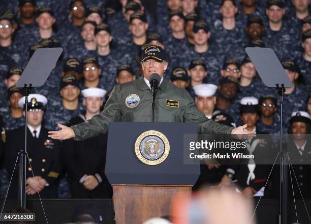 President Donald Trump speaks to members of the U.S. Navy and shipyard workers on board the USS Gerald R. Ford CVN 78 that is being built at Newport...