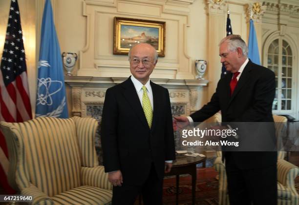 Secretary of State Rex Tillerson meets with International Atomic Energy Agency Director Yukiya Amano at the State Department March2, 2017 in...